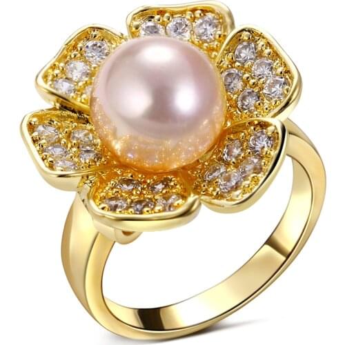 2021 Fashion Flower Ring With Pink/Gray/White/AB Gray/Cream Handmade Shell Pearls Anniversary Gift Gold color Rings for Women