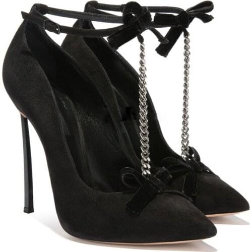 Fashion Ankle Bowtie T-Strap Chains Pumps Woman Black suede Metal Blade High Heels Pointed Toe Lady Sexy Thin Heel Stage Shoes
