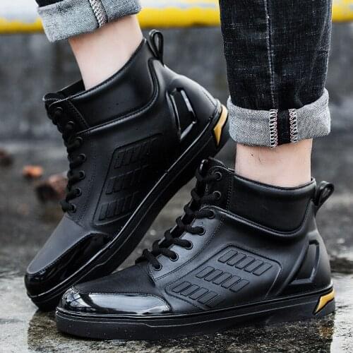 PVC Mens Rainboots Waterproof Spring Winter Rain Shoes Men Rain Boy Water Rubber Black Ankle Boots Lace-Up Shoes