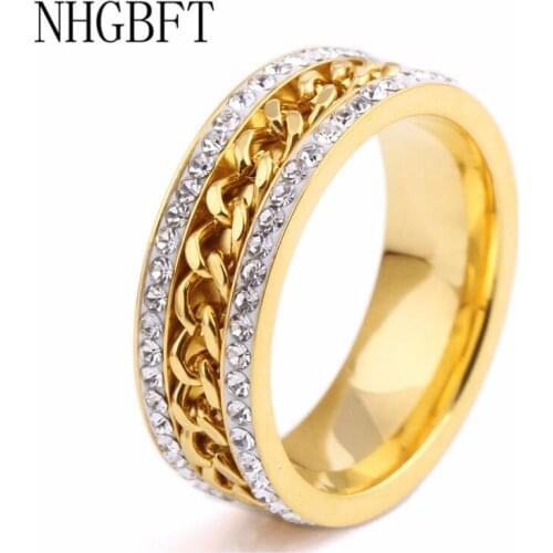 NHGBFT 7mm Women Double row CZ ring punk rock stainless steel gold spinner rings party jewelry Dropshipping