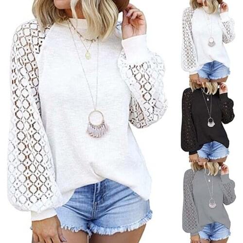2020 New T Shirt Elegant Lace Long Sleeve Women Vintage Hollow Out O Neck Solid Tops Autumn Female Casual Tees Top