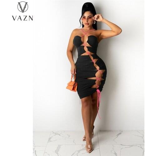 VAZN 2021 New Solid Hole Out Sleeveless Strapless Sexy Boho Beach Sexy Club Birthday Maxi Dress Summer Elegant Women Dress