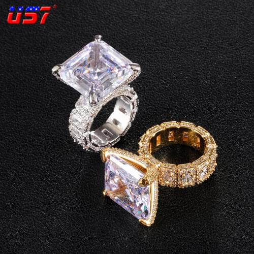 US7 New Baguette Square Rings Iced Cubic Zircon Stones Gold Silver Color Hip Hop Fashion Jewelry Gifts For Women Men