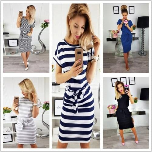 Fashion Casual Short Sleeve O-Neck Striped Pocket Sashes Dress Plus Size Women Midi Dress Vestido Sexy Slim Bodycon Cotton Dress