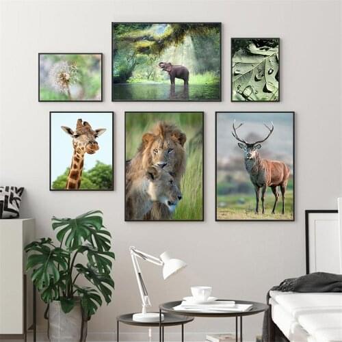 Elephant Deer Panda Lion Deer Monkey Bird Poster Leaf Plant Print Mountain Forest Landscape Canvas Painting Nordic Home Decor