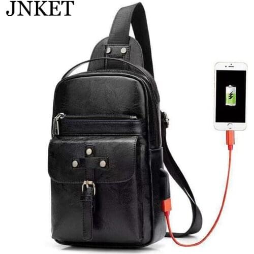 JNKET Casual Men Chest Pack PU Leather Chest Bag Single Shoulder Bags USB Charging Chest Bag Crossbody Bags Messenger Bags
