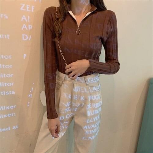 Fashion Retro Zipper Half Turtleneck Knitted Sweater Women Solid Color Slim Long Sleeve Crop Top