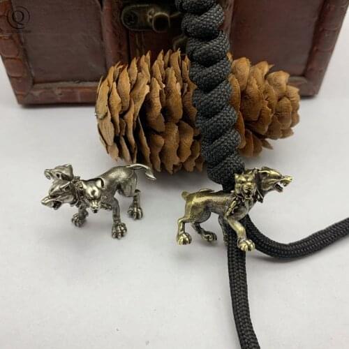 Vintage Brass Mexican Three-headed Wolf Figurines Knife Bead Pendant Trinkets Copper Animal Creative Umbrella Rope DIY Accessory