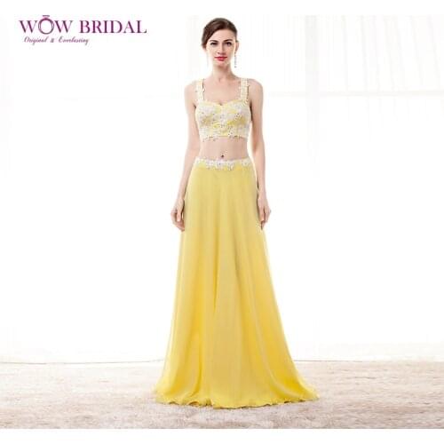 Wowbridal Youthful Two Piece 2021 Spaghetti Strap Strapless Embroidery Appliqued Taffeta A-Line Ruffles Long Formal Party Dress