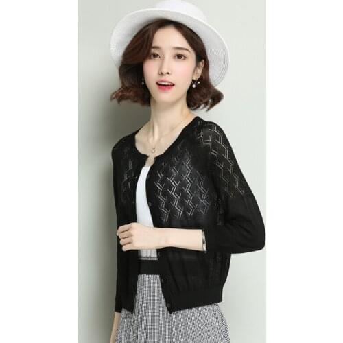 Women Summer Hollow Knitwear Elegant Lady Short Thin Knit Outwear Slim See Through Knit Coat