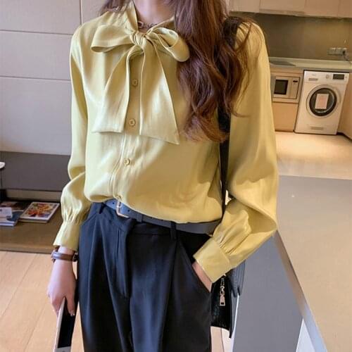 Ready Stock Sweet Women Bow Tie Lantern Sleeve Shirt Trend Korean Autumn Loose Casual Button Long Sleeve Blouse