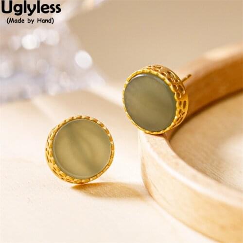 Uglyless Like a Button 12MM Daily Dress Studs Earrings for Women Natural Jade Gemstones Earrings 925 Silver Party Dress Brincos