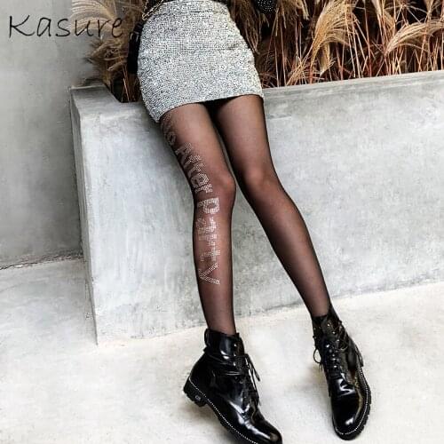 KASURE Sexy Shiny Crystal Popsocket Tights For Women Girl Nylon Letter Character Fishnet Mesh Tights With Tattoo Club Pantyhose
