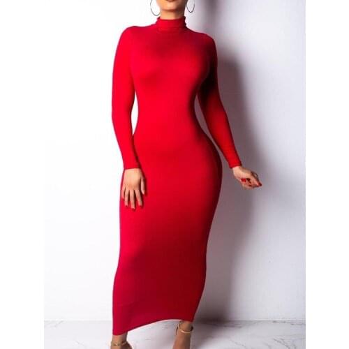 Sexy Bodycon Long Dress Women Long Sleeve Turtleneck Autumn Winter Dress 2019 Red Black White Club Party Midi Dress