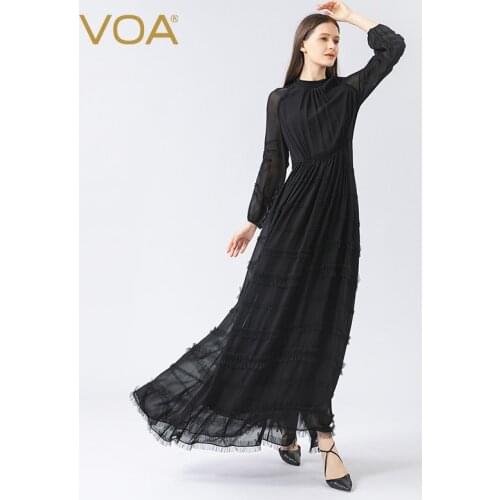 VOA Silk Black Georgette Stand Collar Lantern Sleeve High Quality Luxury Vestido Feminino Dress AE817 Maxi Dresses for Women