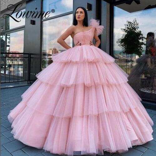 One Shoulder Pink Prom Dresses Tulle A Line Evening Dress 2020 Robe De Soiree Tiered Evening Party Gowns Arabic Abendkleider