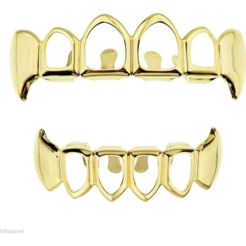 Gold Teeth Grillz Top&Bottom Grills Dental Hollow Open Face Grill Vampire Fang Tooth Caps Body Jewelry Party