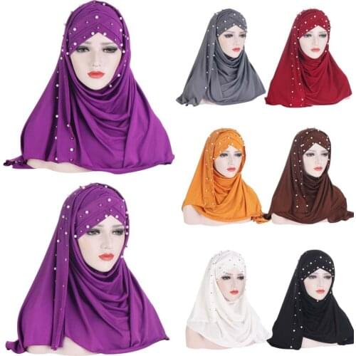 2021 New Women Jersey Scarf Soft Plain Instant Hijab Shawls and Wraps Beads Foulard Femme Muslim Hijabs Ready To Wear Headscarf