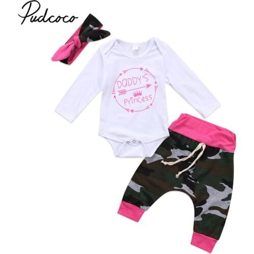 2017 Brand New Princess Toddler Infant Newborn Baby Girls Clothes Long Sleeve Bodysuit Pants Leggings Headband 3Pcs Camo Outfits