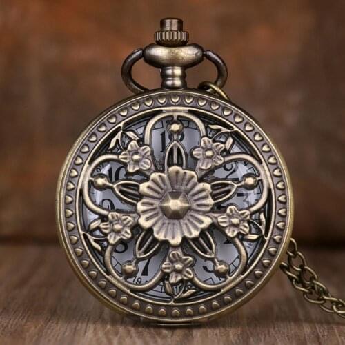 Antique Hollow Beatiful Flower Quartz Fob Pocket Watch Pendent Necklace with Chain Pocket Watches Clock reloj de bolsillo