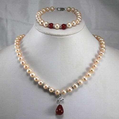 Anniversary! Wholesale Womens pink pearl pendant Necklace bracelet jewelry set 254