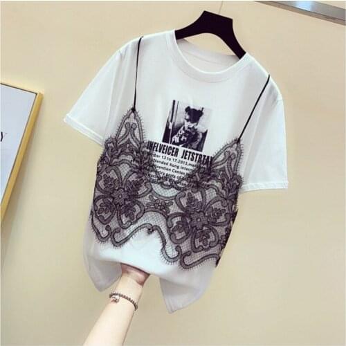 Korea Cool T shirt Women Slash Neck Summer Short Sleeve Appliques Lace Sexy TShirt Tops Casual Black Tee Shirt Femme