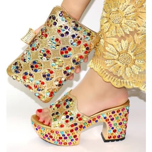 Hot sale gold women pumps with colorful crystal decoration african dress shoes match handbag set CR2111,heel 9.5CM