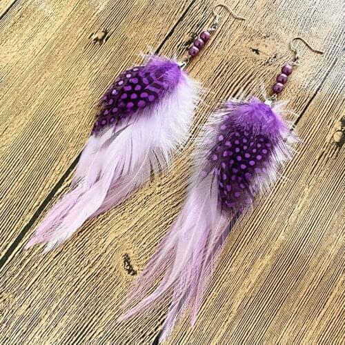 M&G Ethnic Nature Purple White Feather Earrings for Women Purple Beads Pendant Long Drop Earrings Bohemian Jewelry Accessories