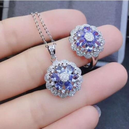 Real Natural Tanzanite jewelry set Natural Real Tanzanite 925 sterling silver 1pc pendant,1pc ring