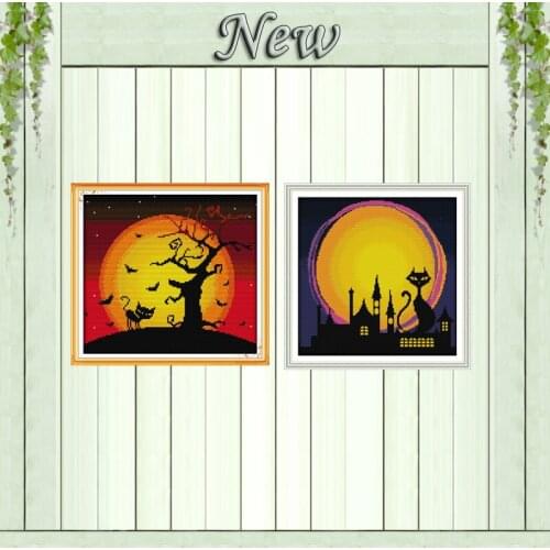 The night of Halloween cat castle moon painting counted print on canvas DMC 11CT 14CT Cross Stitch kits embroider needlework Set