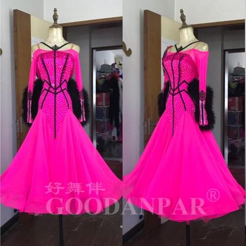 NEW Design ballroom dance competition dresses Modern Waltz Tango Dance Dress feather dress pink Standaard GOODANPAR