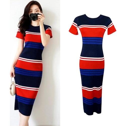 New Style Summer Office Lady Dress Women O Neck Short Sleeve Slim Fashion Knitted Dresses For Women Korea Woman Dress SL148