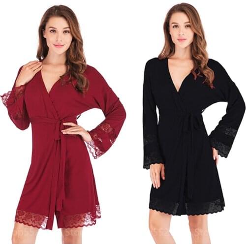 Bridesmaid Robes Women Tracksuits Cotton Pajamas Lace Hollow Out Sexy Dress Female Loose Robe Full Sleeve V-neck Soft Nightgowns