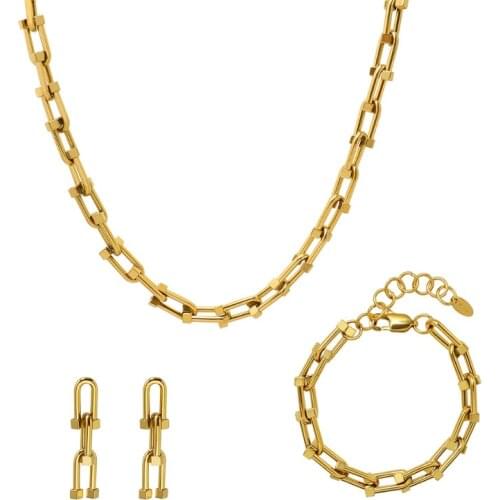 Horseshoe Buttons Thick Chain Necklace Earring Set Bracelet 316 L Stainless Steel Jewelry for Woman Factory Price Never Fade Hot