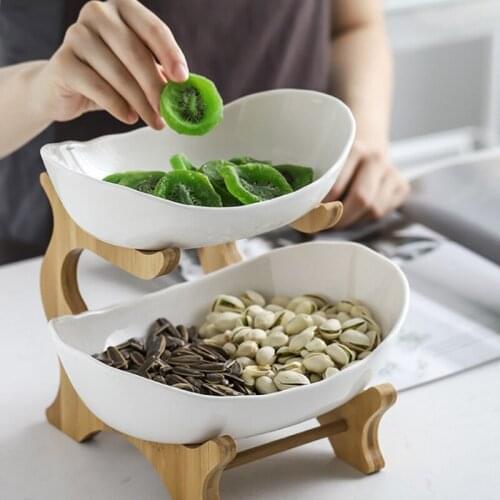 SHGO HOT-2 Tier Oval Ceramic Candy Dish Set with Collapsible Wood Rack White Party Food Server Display Set Tiered Serving Stand