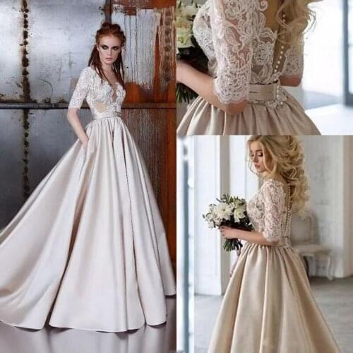 Western Country A-Line Wedding Dresses For Bride Champagne Sheer O-Neck Illusion Bodice Sexy Long Bridal Gowns Appliques Lace