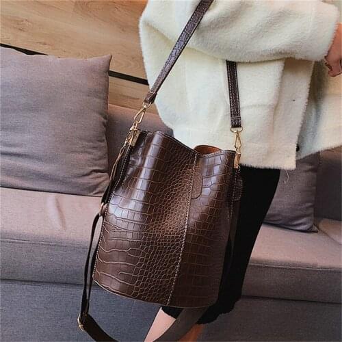 New Retro Bucket Bags Women Crocodile Pattern Handbag Capacity Casual Shoulder Messenger Bags Ladies Pu Purse