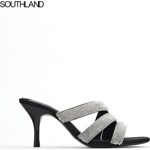 SOUTHLAND 2021 spring and summer New Fashion womens shoes Rhinestone high heels Square toe open toe stiletto sandals