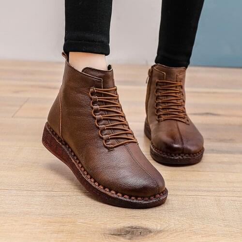 Tilocow Womens Winter Wedges Boots Ladies Genuine Leather Heel Shoes Woman Retro Ankle Boot Female Short Plush Botas De Mujer