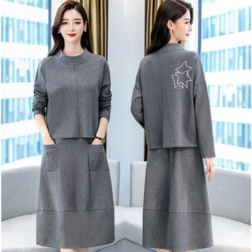 5xl womens cotton skirt suit 2021 spring autumn new long-sleeved top + mid-length cotton skirt casual loose two-piece suit n31