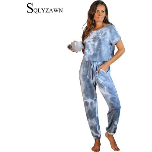 Women Pajamas Set Cotton Casual Ladies One Piece Pants Tie Dye Home Wear Casual Pants Short Sleeve T-Shirt Pants Regular