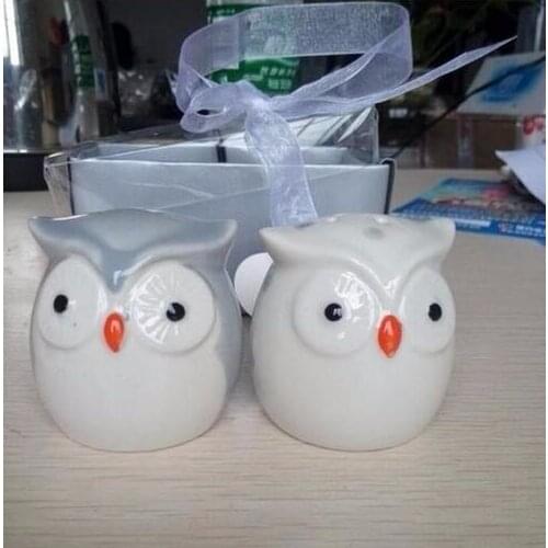 100pcs=50 sets/lot Wedding Favors and Gifts Baby Shower Gray and White Color Owl Ceramic Salt and Pepper Shaker Free Shipping