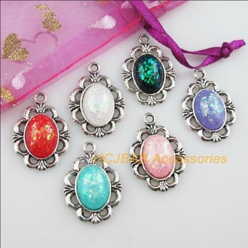 12 New Oval Flower Resin AB Shivering Mixed Charms Tibetan Silver 18x22mm