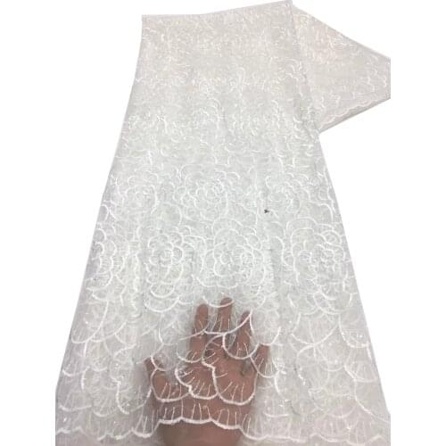 5yards/pc) Newest white African tulle lace beautiful embroidered French net lace fabric with sequins for party dress FZX105