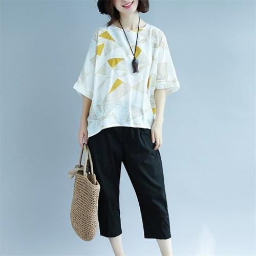 Boho Thin Cotton Linen Loose Geometric Print Short Sleeve T-shirt Women Blouses 2021 Summer New Vintage Chic O-Neck Tops Blusas