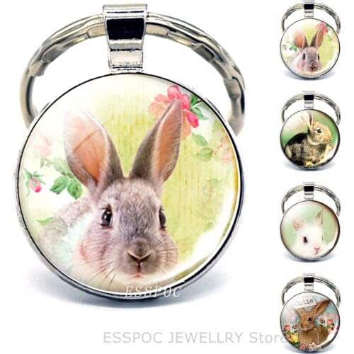 Rabbit Key Chains Glass Cabochon Jewelry Lovely Rabbit Key Ring Animal Key Buckle Fashion Pendant Accessories Girl Gifts