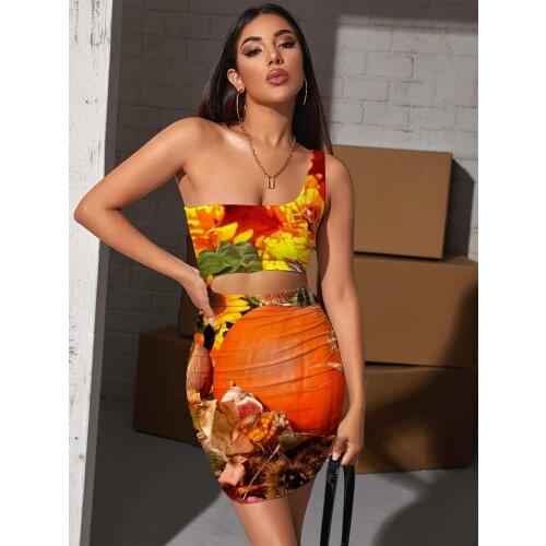 Giyu Brand Pumpkin Dress Women Halloween Halter Sleeveless Flower Bodycon Dress Maple Leaf Vestido Sexy Womens Clothing
