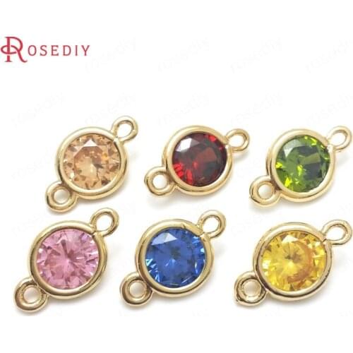 C545)20 pieces 9x5mm 12x7mm 14x9mm 24K Champagne Gold Color Brass + Zircon 2 Holes Round Connect Charms Pendants Accessories