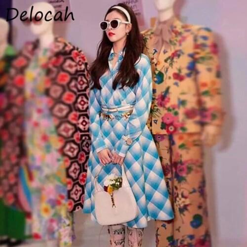 Delocah Women Summer Fashion Designer Party A-Line Dress Long Sleeve Sashes Plaid Printed Ladies Elegant Bodycon Midi Dresses