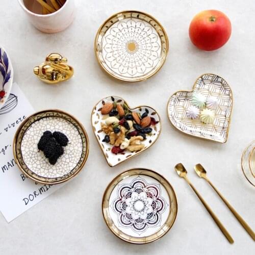 European Golden Dishes Ceramic Plate Exquisite Small Snack Plate Household Restaurant Tableware Cake Plate Jewelry Storage Tray